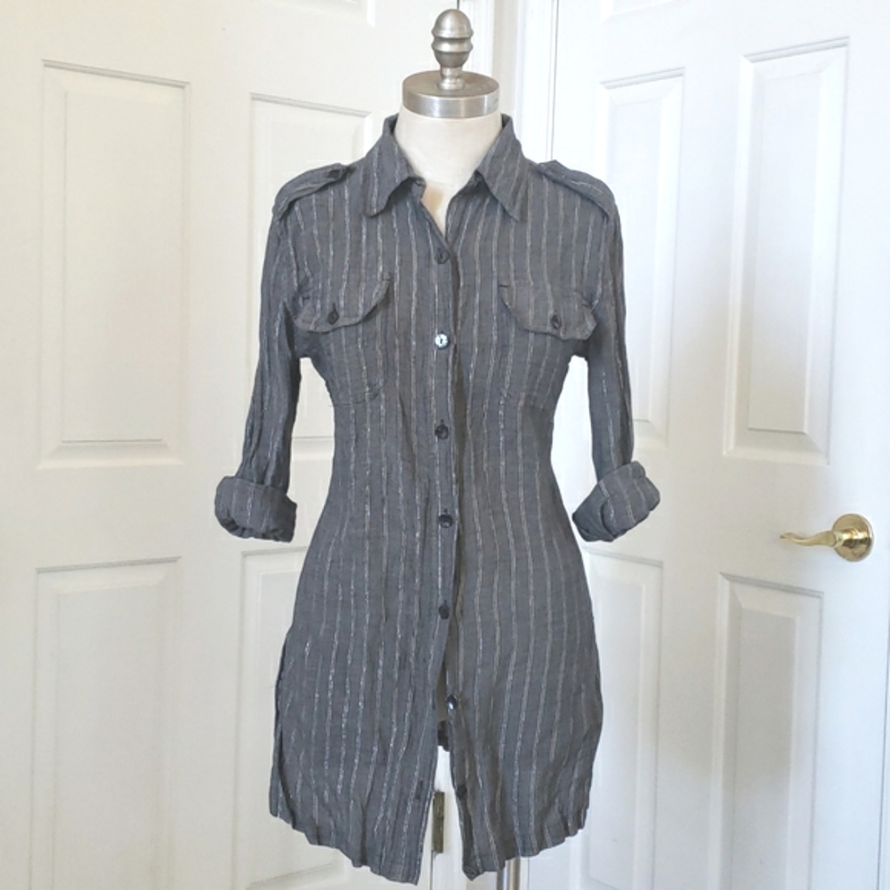 CHICO’S Metallic Silver Pinstripe Button Down Tunic Shirt Jacket Epaulettes Size - Picture 5 of 13